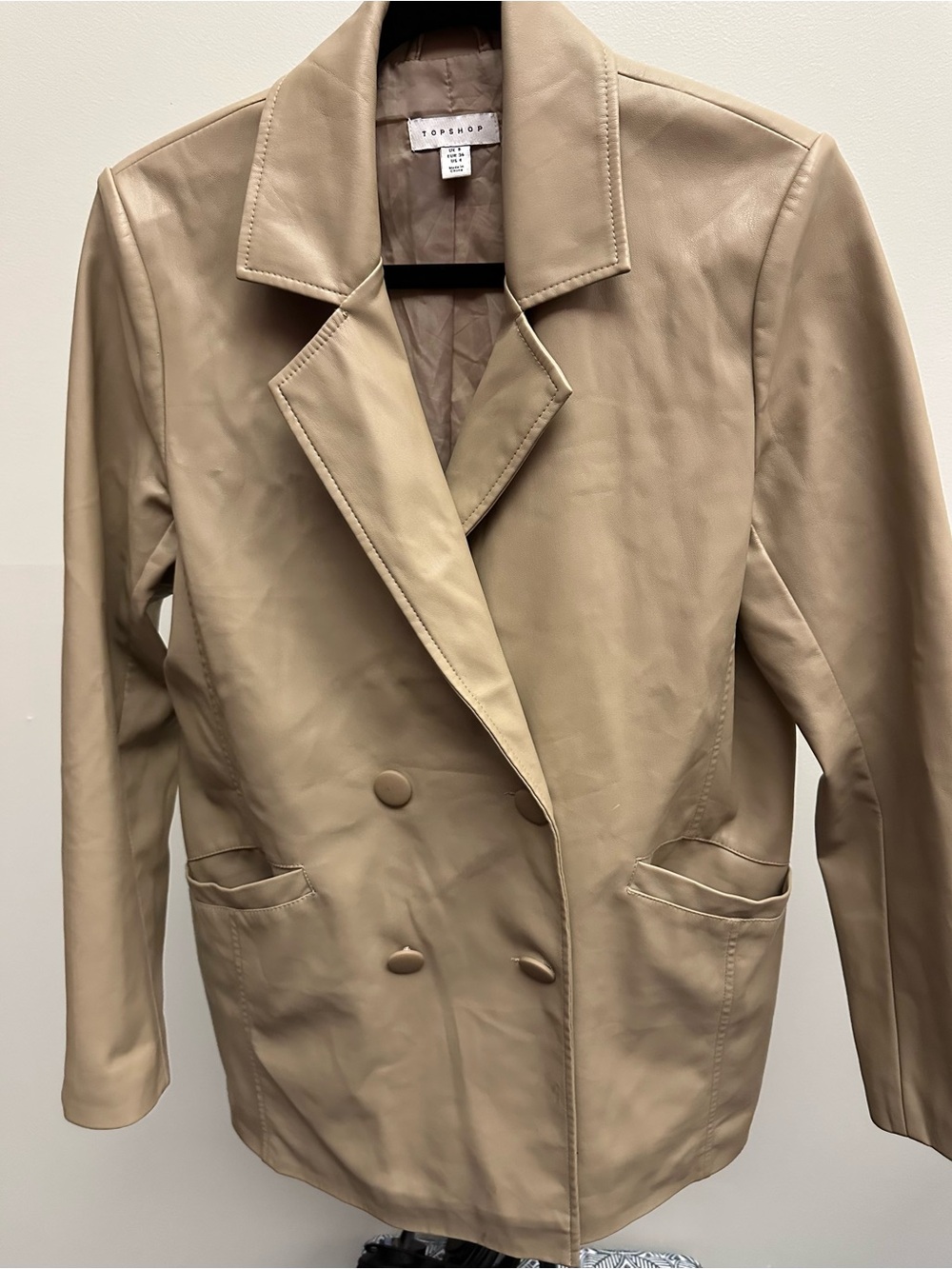 Topshop Faux Leather Double-Breasted Jacket Cream Taupe Blazer size 4